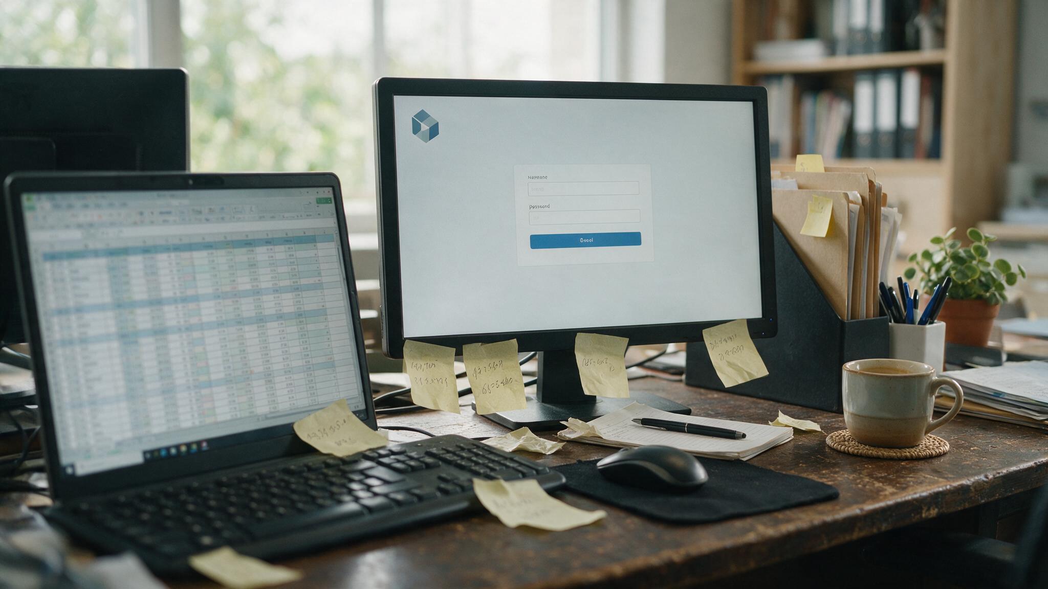 A cluttered spreadsheet next to an unused CRM login on a sales rep's desk