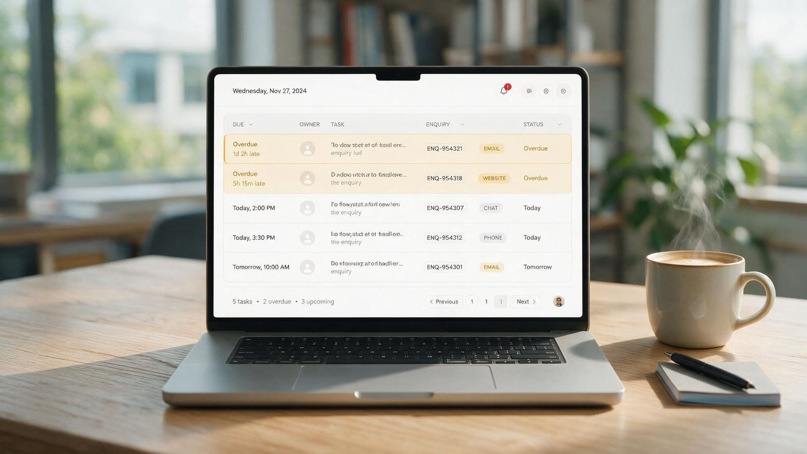 A task list on screen showing follow-up reminders assigned to named owners, each linked to an enquiry and marked with a due time
