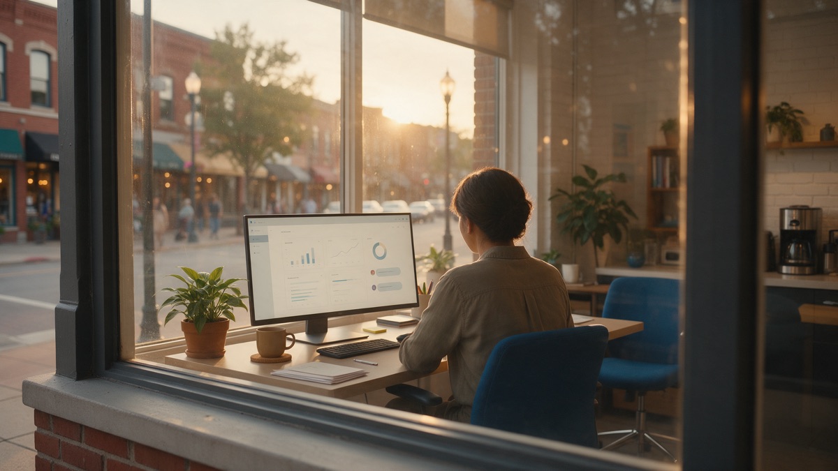 Support specialist at a desk in a Main Street storefront office reviewing a calm WhatsApp support dashboard with resolved conversations and ticket charts
