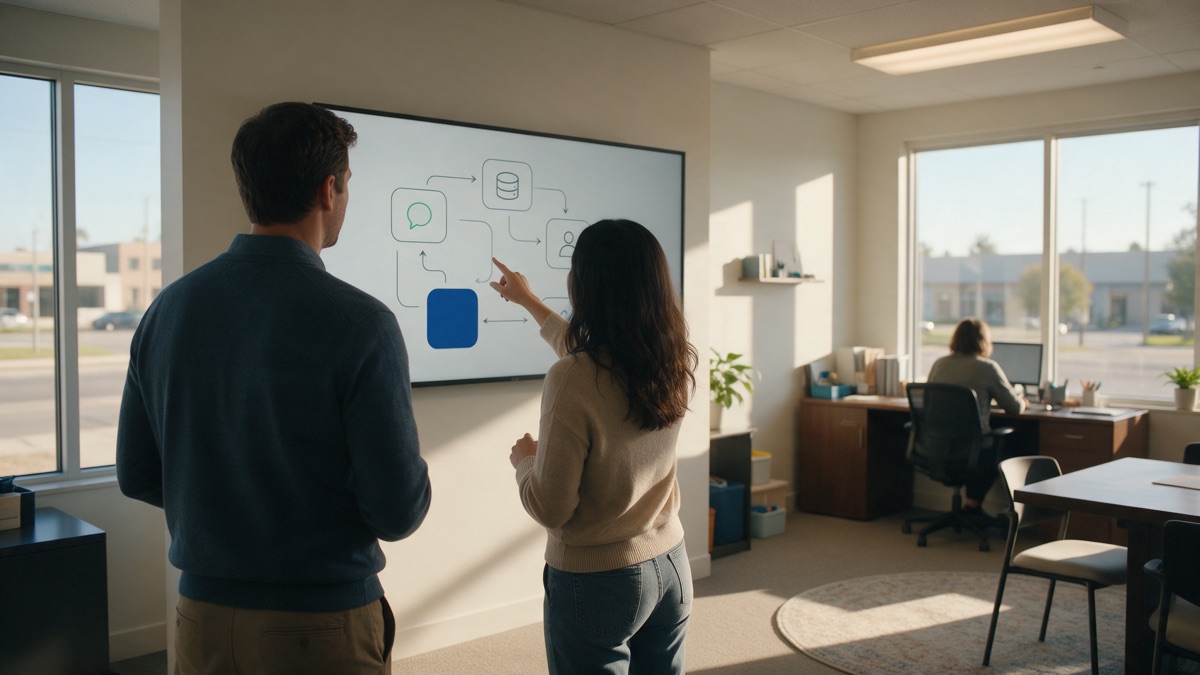 Two members of a software support team in a suburban office mapping a WhatsApp support workflow on a wall screen, from incoming chat to account data to a human agent