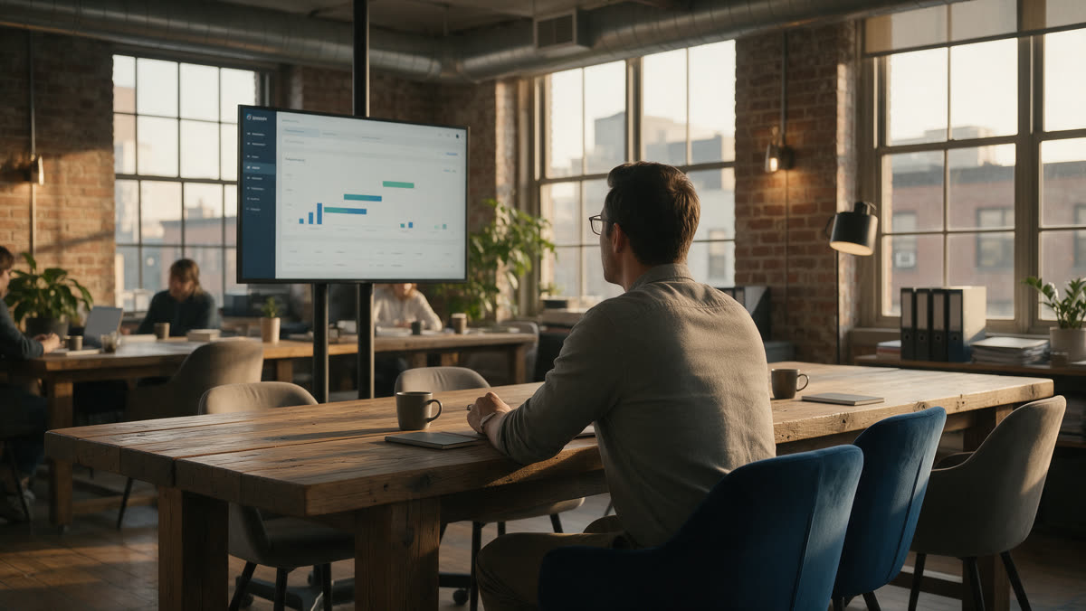 Sales lead in a loft office reviewing a pipeline report on a wall screen, fed by leads from a WordPress site